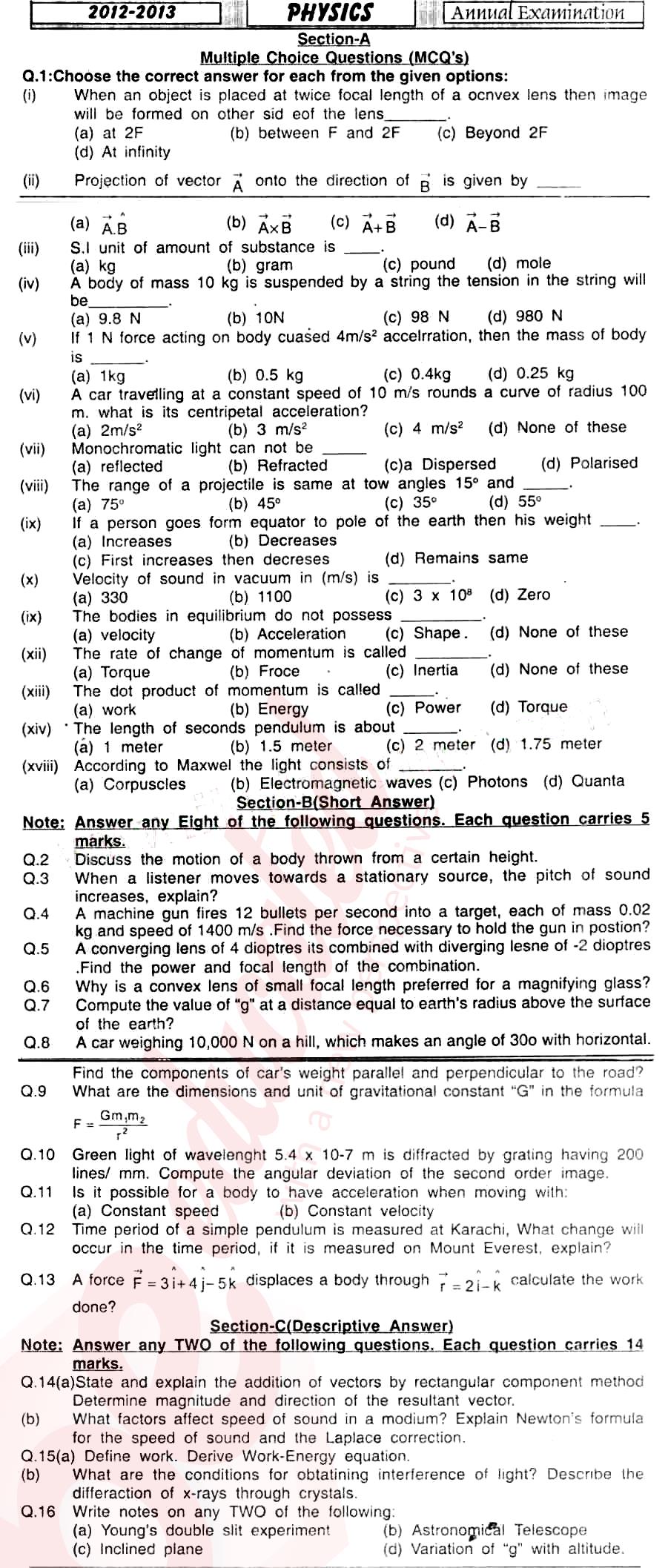 Physics 11th class Past Paper Group 1 BISE Mirpurkhas 2013