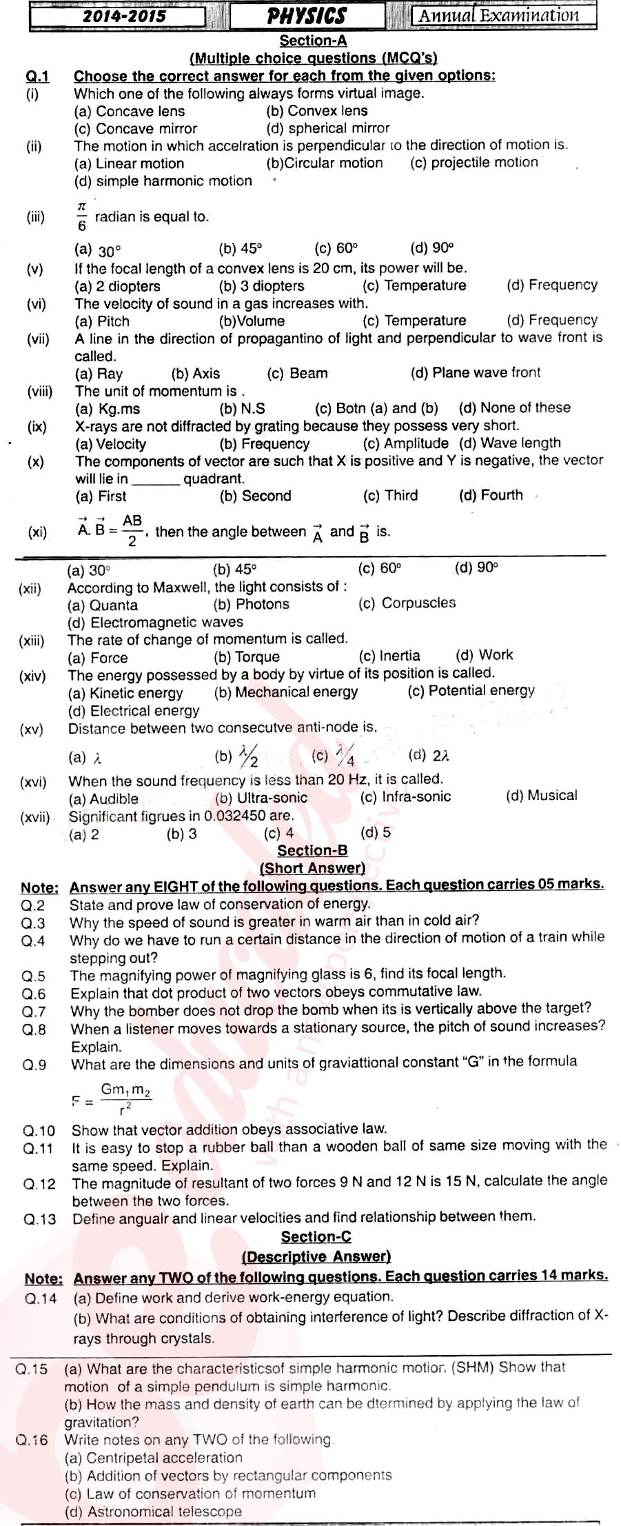 Physics 11th class Past Paper Group 1 BISE Mirpurkhas 2015