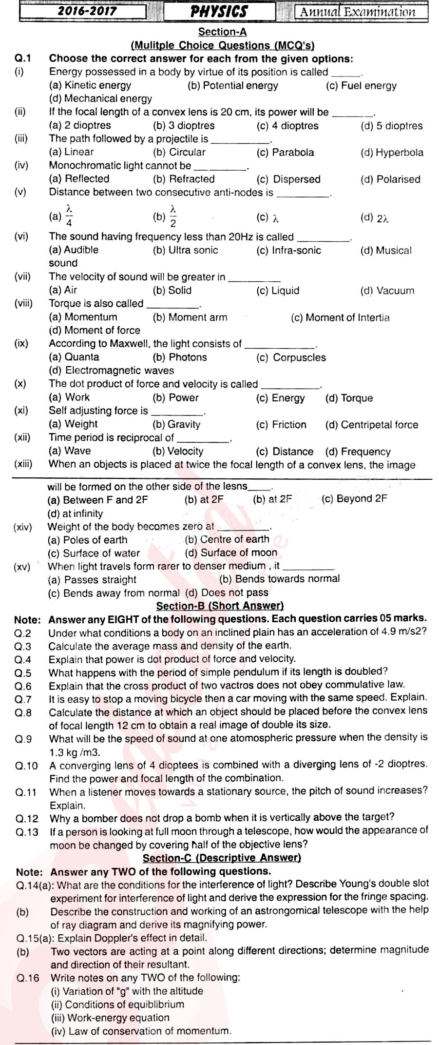 Physics 11th class Past Paper Group 1 BISE Mirpurkhas 2017