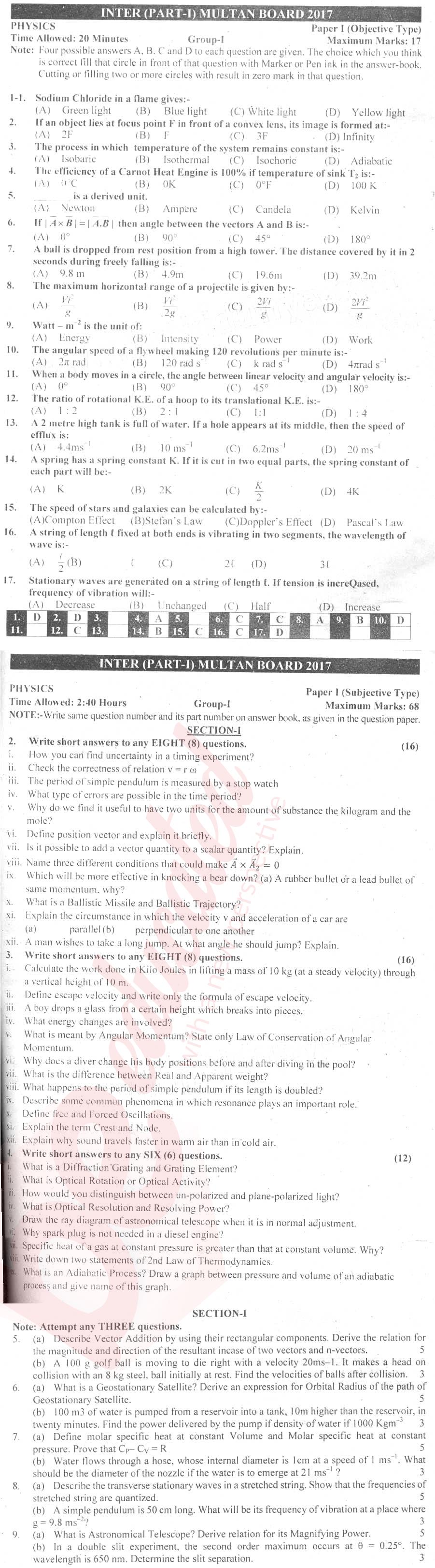 Physics 11th class Past Paper Group 1 BISE Multan 2017
