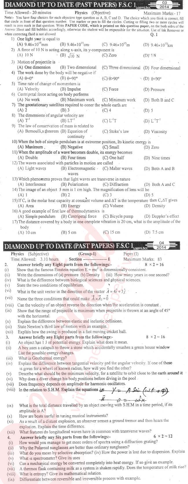 Physics 11th class Past Paper Group 1 BISE Sargodha 2014