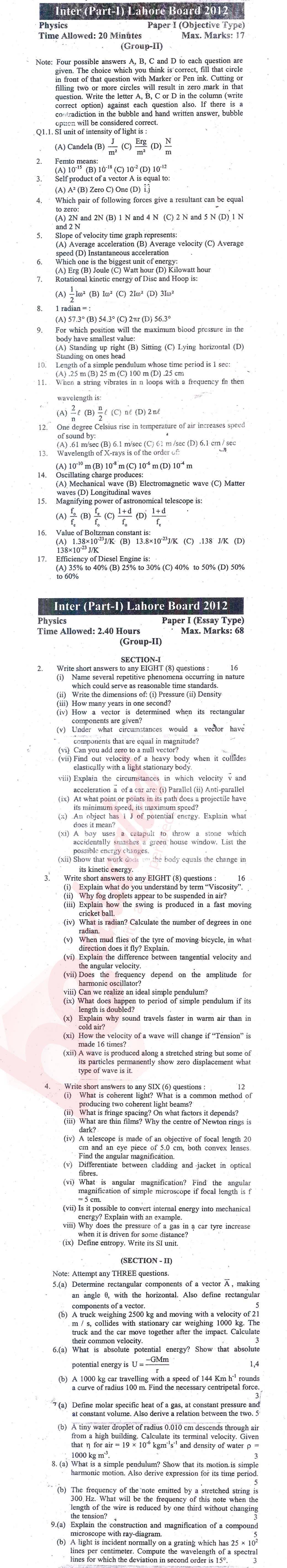 Physics 11th class Past Paper Group 2 BISE Lahore 2012