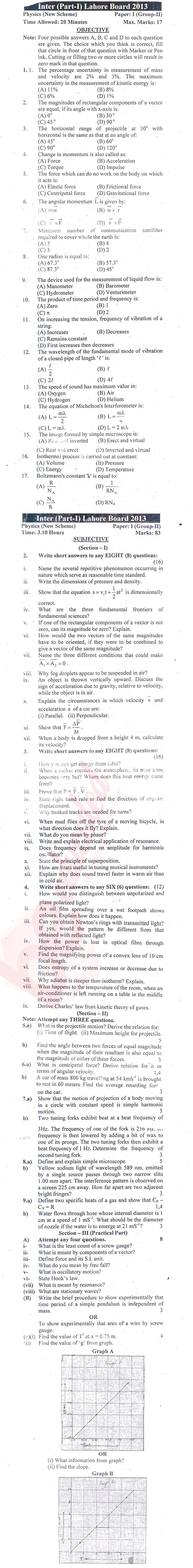 Physics 11th class Past Paper Group 2 BISE Lahore 2013