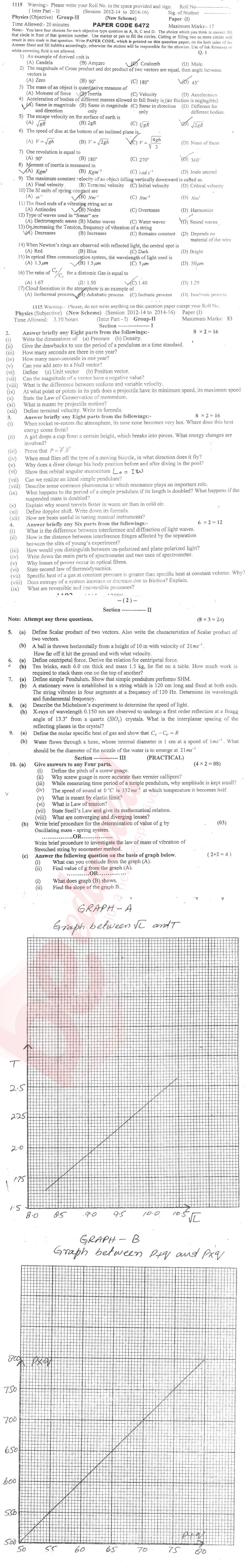 Physics 11th class Past Paper Group 2 BISE Sargodha 2015