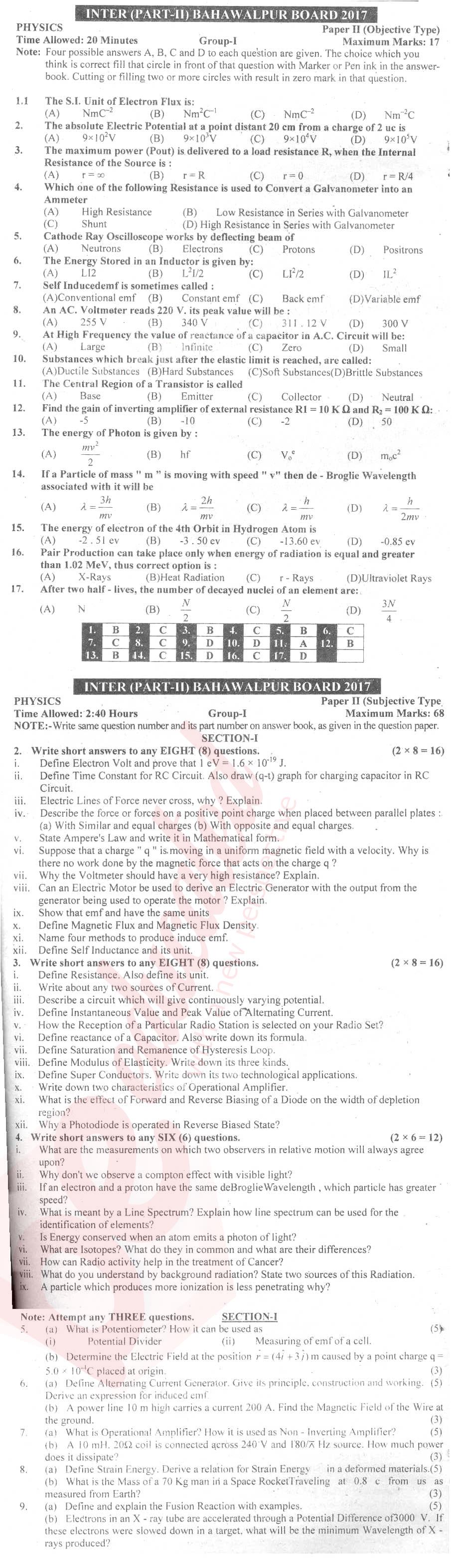 Physics 12th class Past Paper Group 1 BISE Bahawalpur 2017