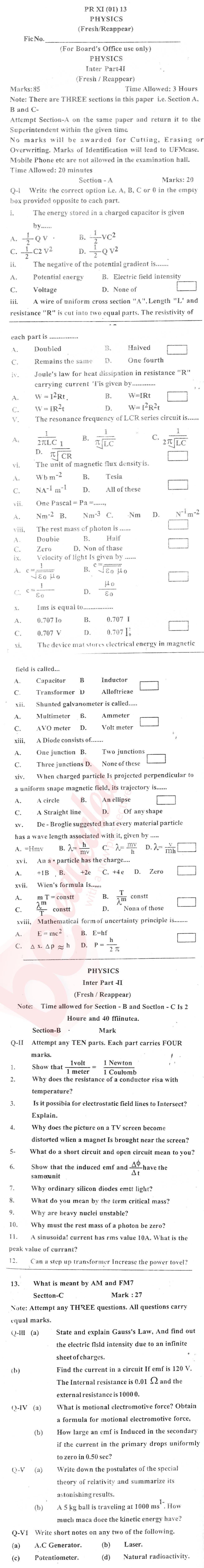 Physics 12th class Past Paper Group 1 BISE Bannu 2013