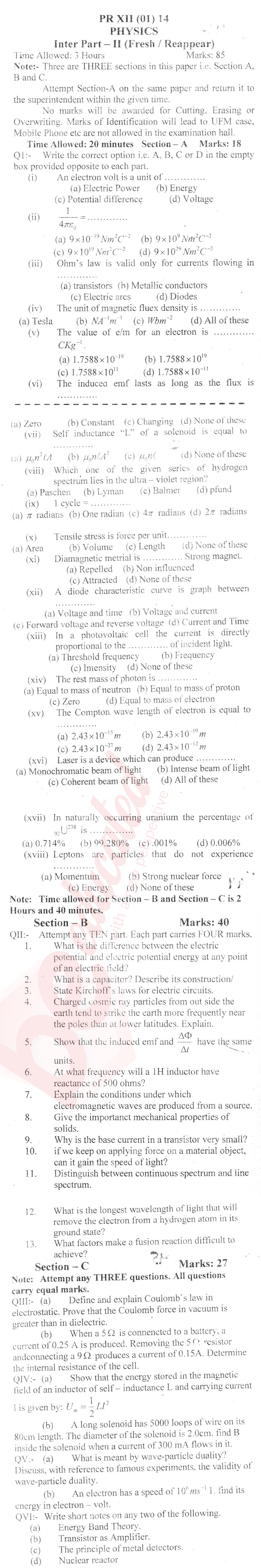 Physics 12th class Past Paper Group 1 BISE Bannu 2014