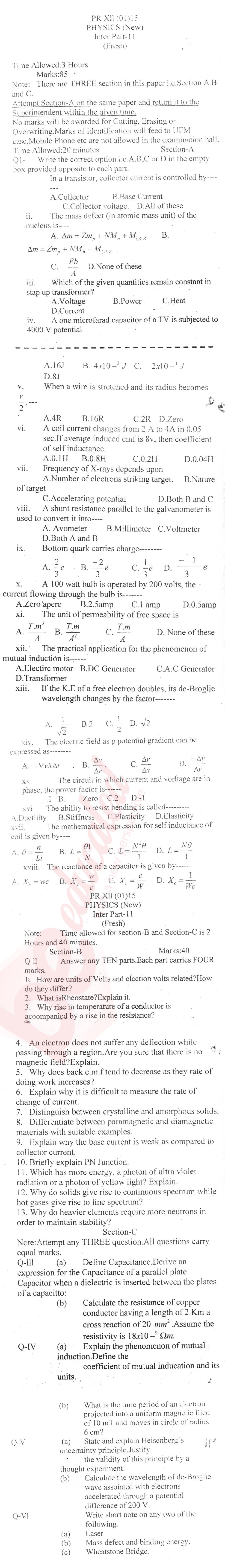 Physics 12th class Past Paper Group 1 BISE Bannu 2015