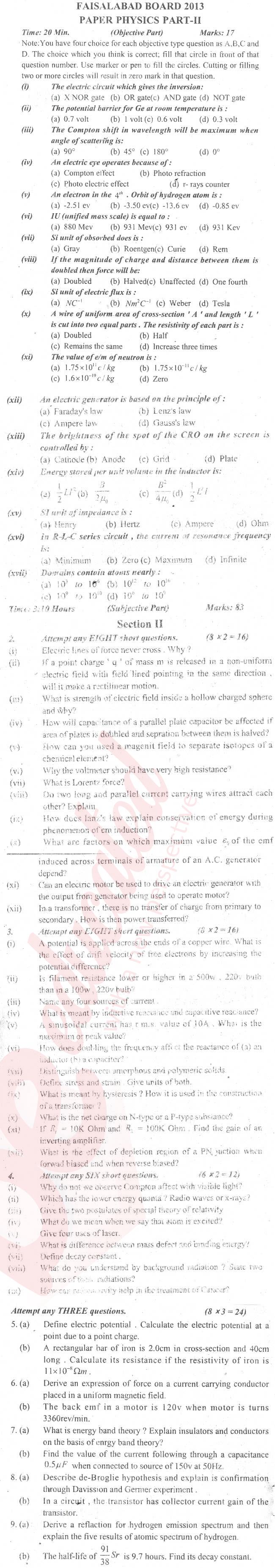 Physics 12th class Past Paper Group 1 BISE Faisalabad 2013