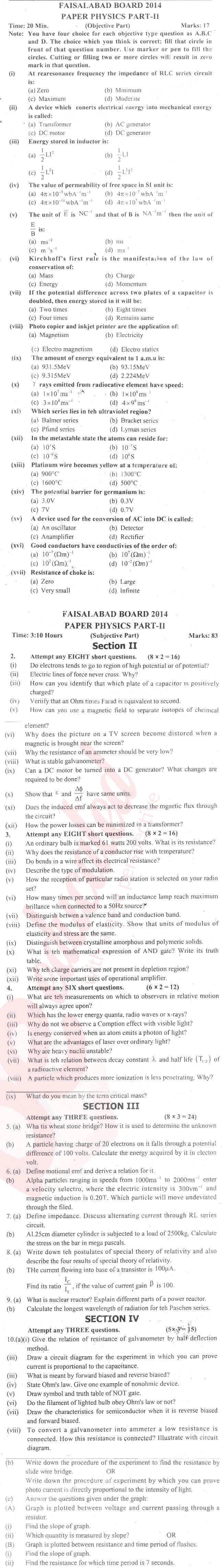 Physics 12th class Past Paper Group 1 BISE Faisalabad 2014