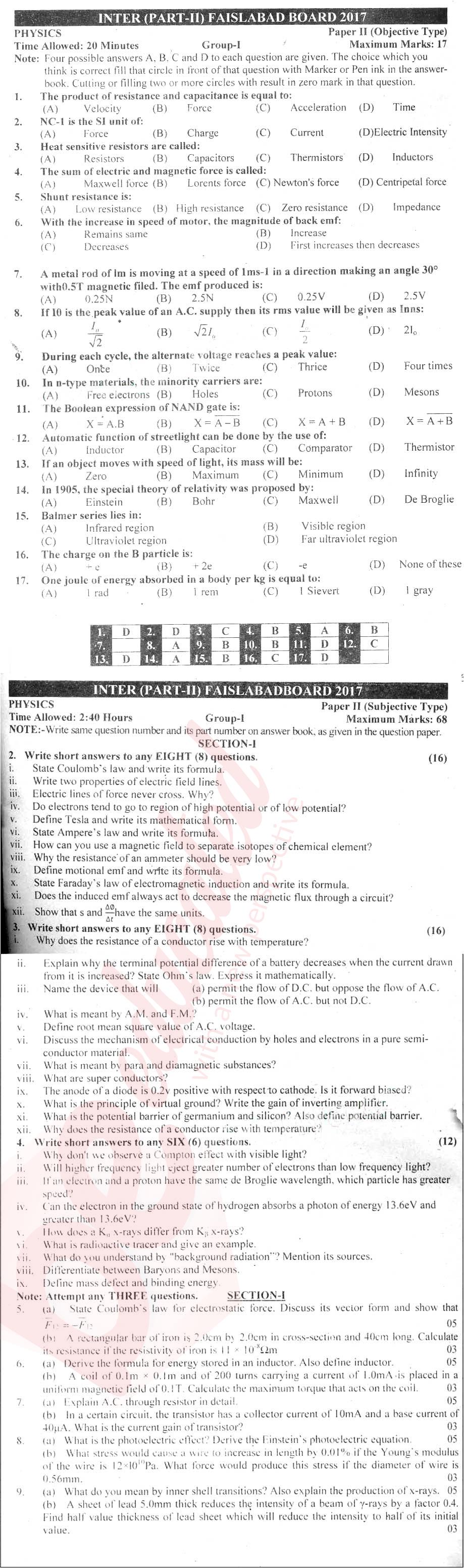 Physics 12th class Past Paper Group 1 BISE Faisalabad 2017