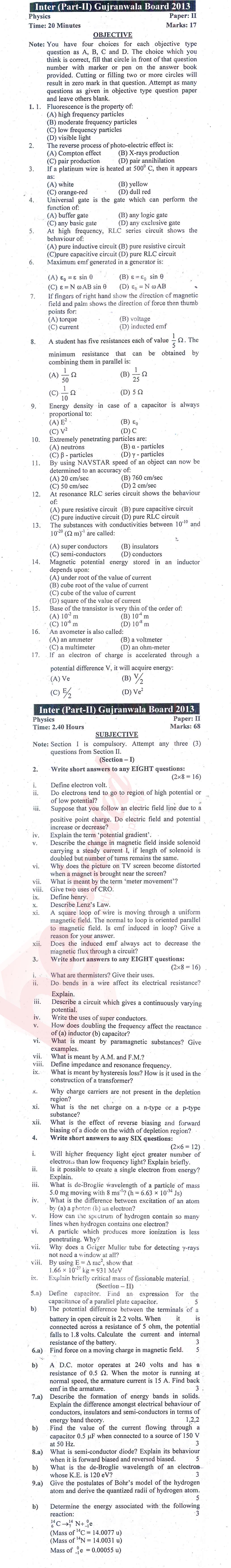 Physics 12th class Past Paper Group 1 BISE Gujranwala 2013