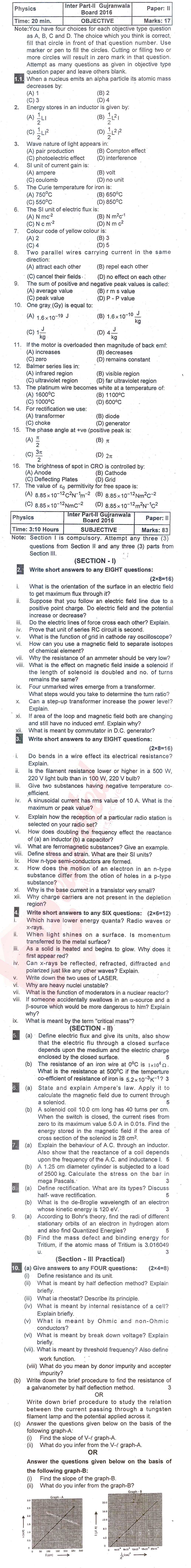 Physics 12th class Past Paper Group 1 BISE Gujranwala 2016