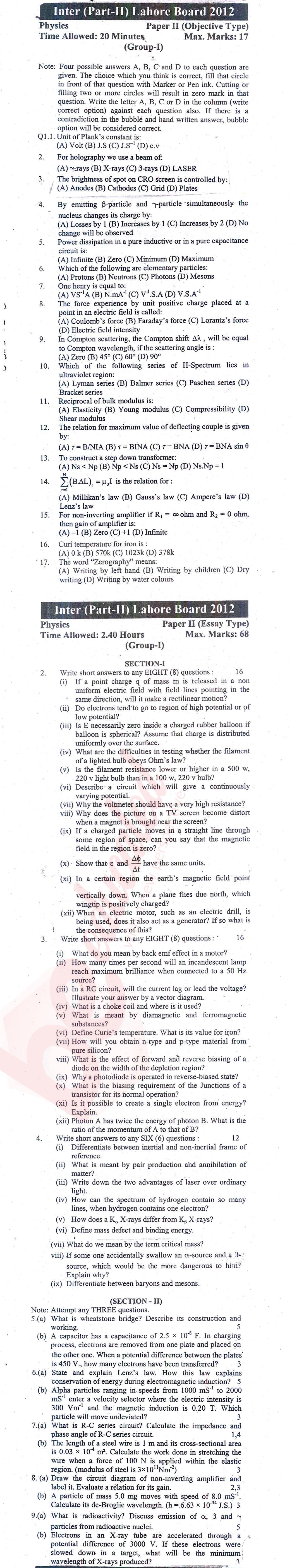 Physics 12th class Past Paper Group 1 BISE Lahore 2012