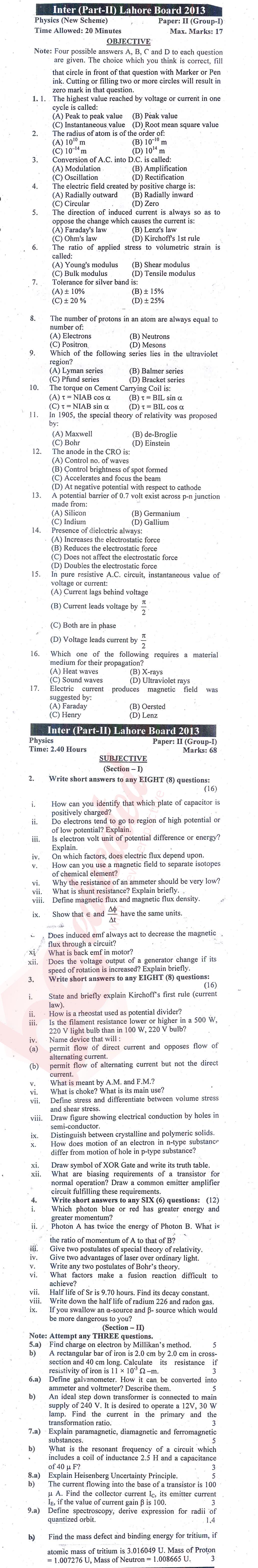Physics 12th class Past Paper Group 1 BISE Lahore 2013