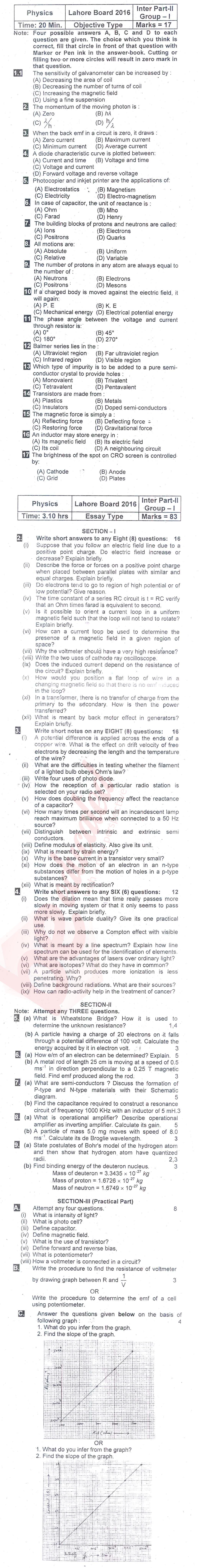 Physics 12th class Past Paper Group 1 BISE Lahore 2016