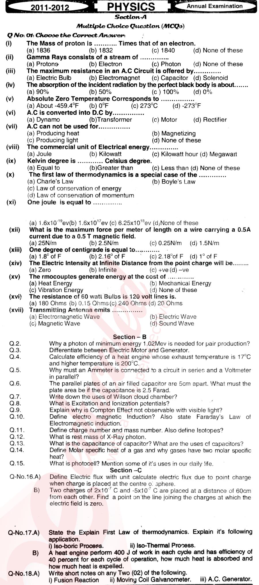 Physics 12th class Past Paper Group 1 BISE Mirpurkhas 2012