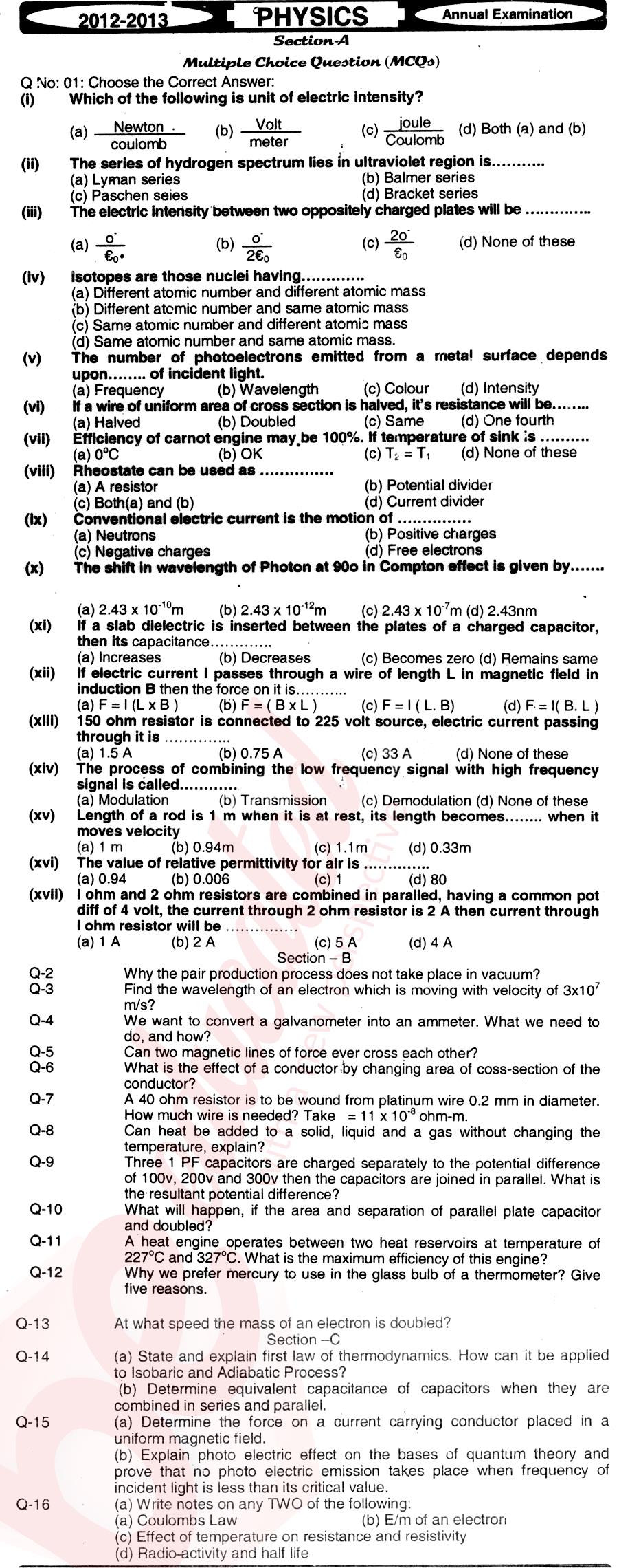 Physics 12th class Past Paper Group 1 BISE Mirpurkhas 2013