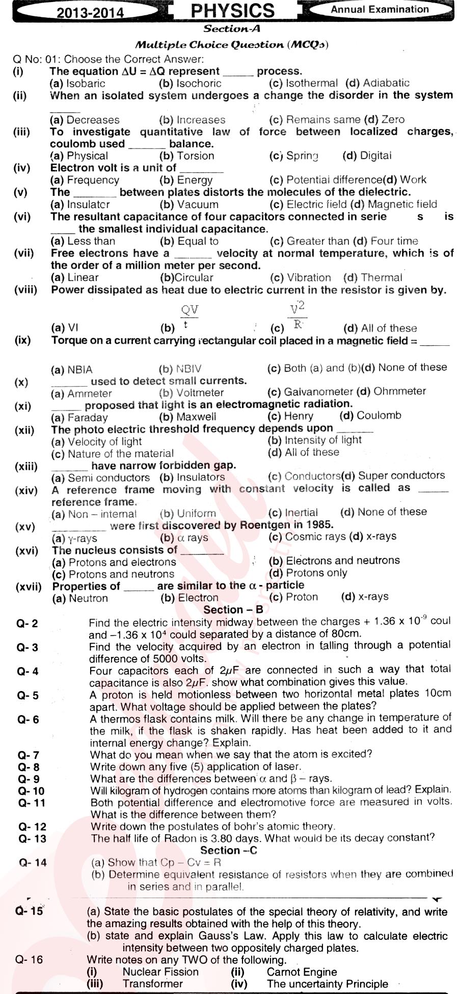 Physics 12th class Past Paper Group 1 BISE Mirpurkhas 2014