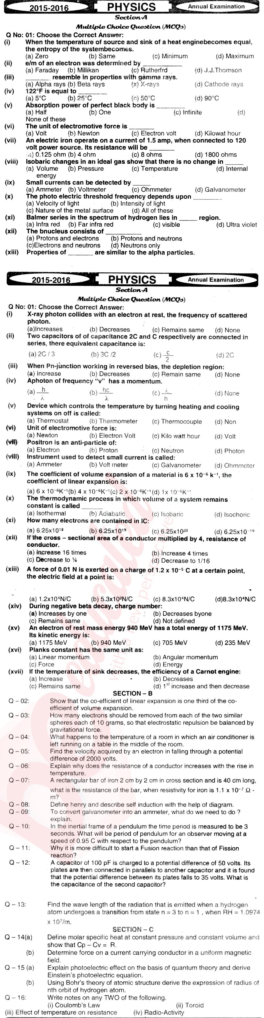 Physics 12th class Past Paper Group 1 BISE Mirpurkhas 2016