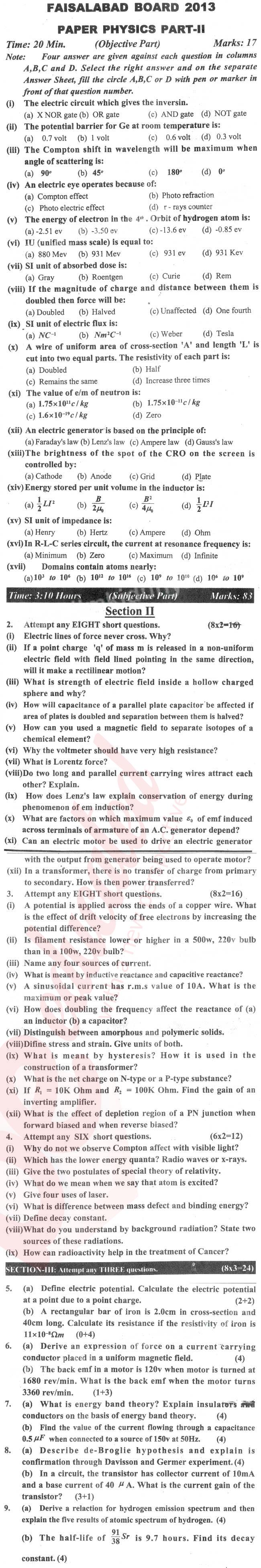 Physics 12th class Past Paper Group 2 BISE Faisalabad 2013