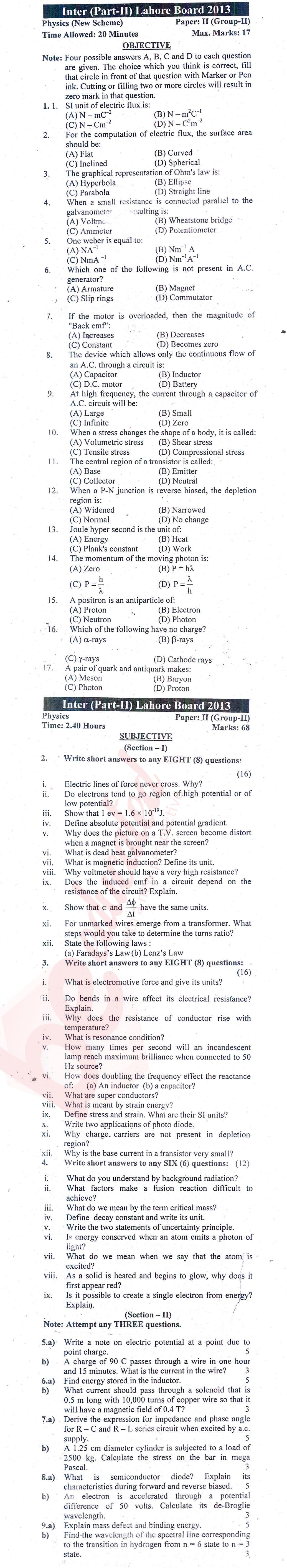 Physics 12th class Past Paper Group 2 BISE Lahore 2013