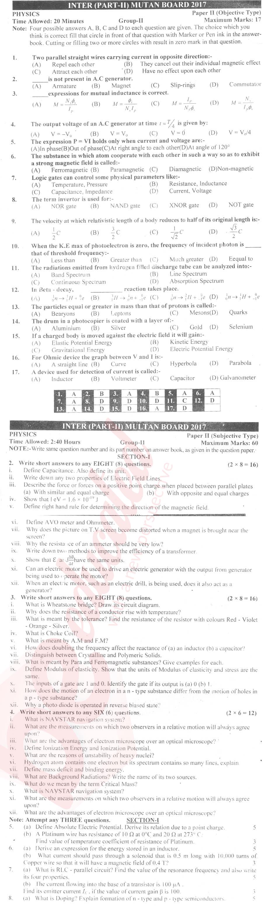 Physics 12th class Past Paper Group 2 BISE Multan 2017