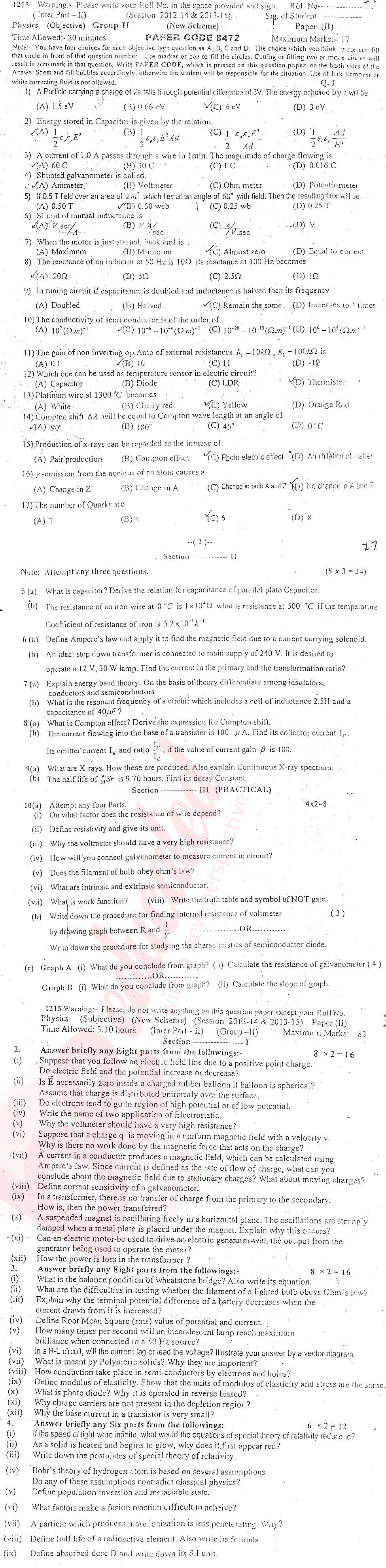 Physics 12th class Past Paper Group 2 BISE Sargodha 2015