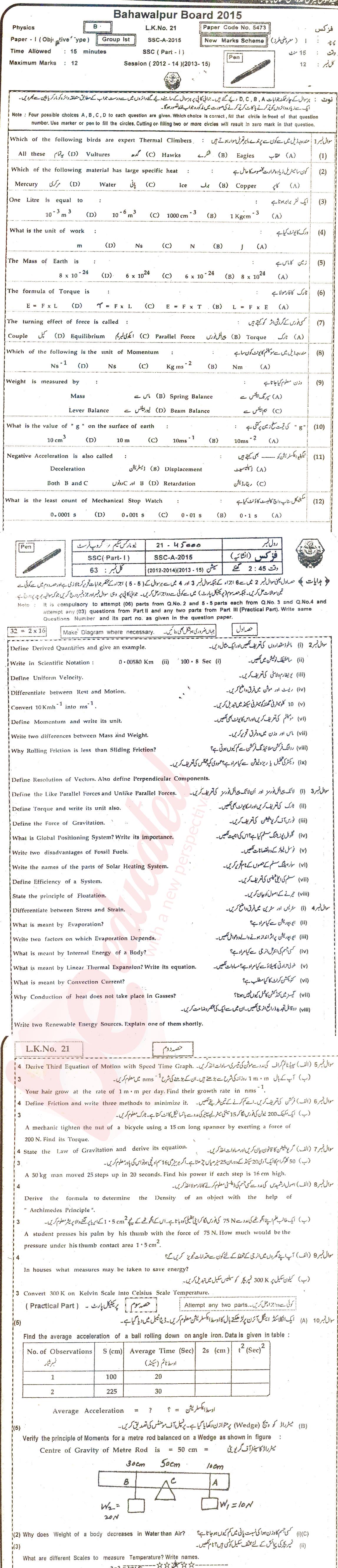 Physics 9th class Past Paper Group 1 BISE Bahawalpur 2015