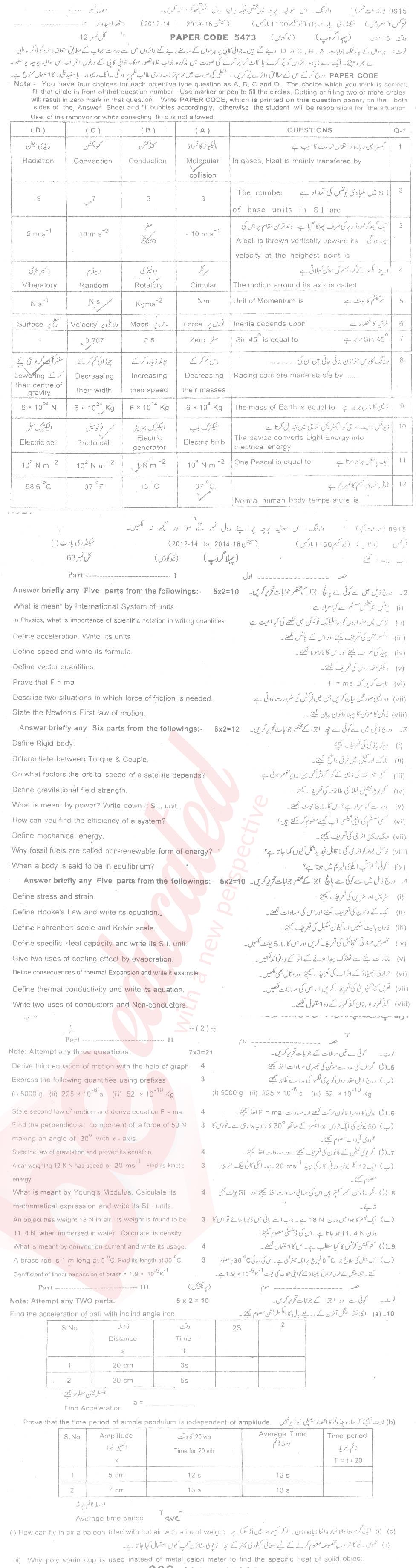 Physics 9th class Past Paper Group 1 BISE Sargodha 2015