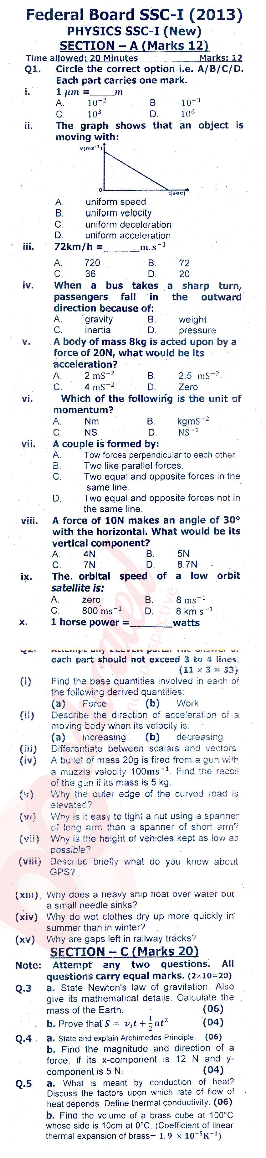 Physics 9th class Past Paper Group 1 Federal BISE  2013