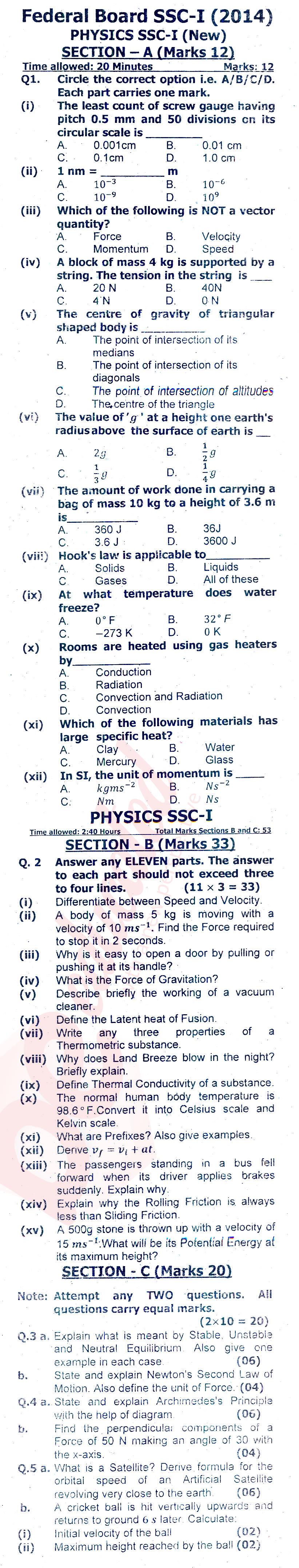 Physics 9th class Past Paper Group 1 Federal BISE  2014