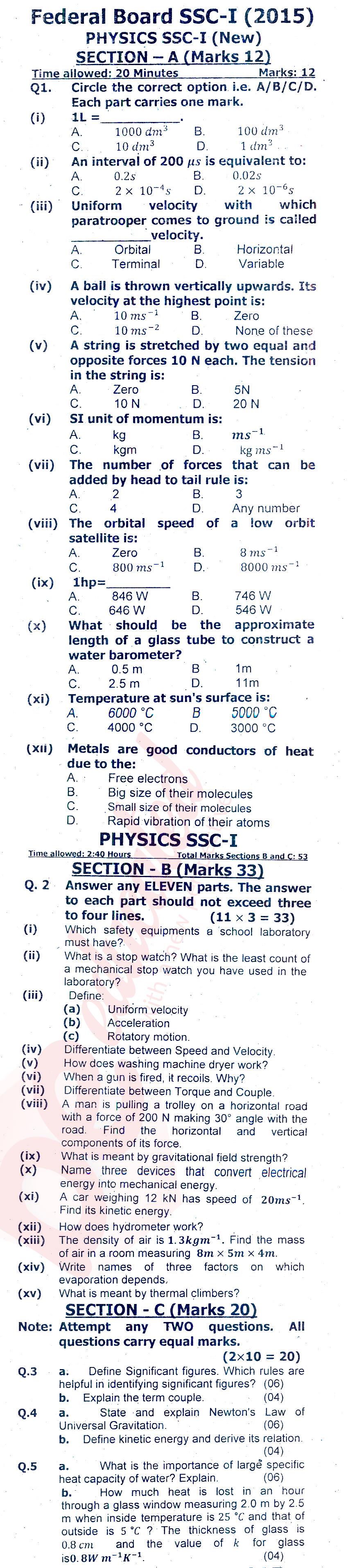 Physics 9th class Past Paper Group 1 Federal BISE  2015