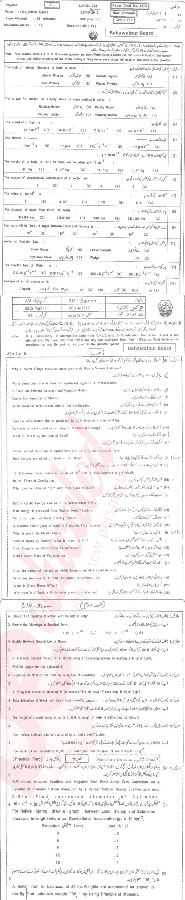 Physics 9th class Past Paper Group 2 BISE Bahawalpur 2013