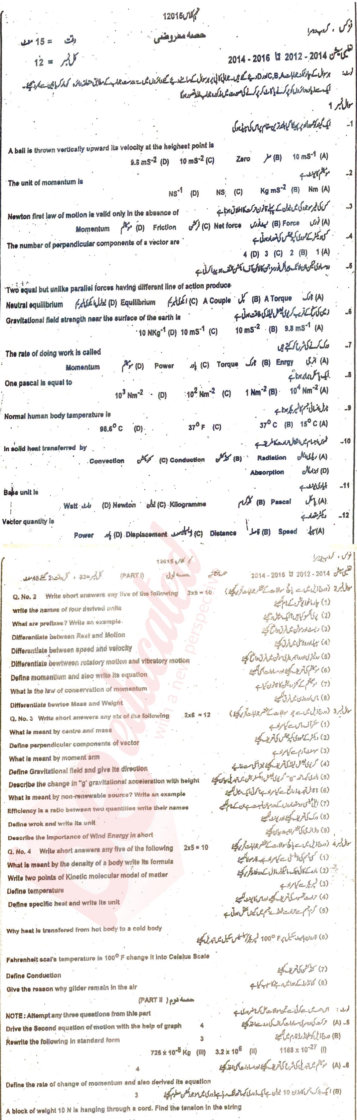 Physics 9th class Past Paper Group 2 BISE DG Khan 2015