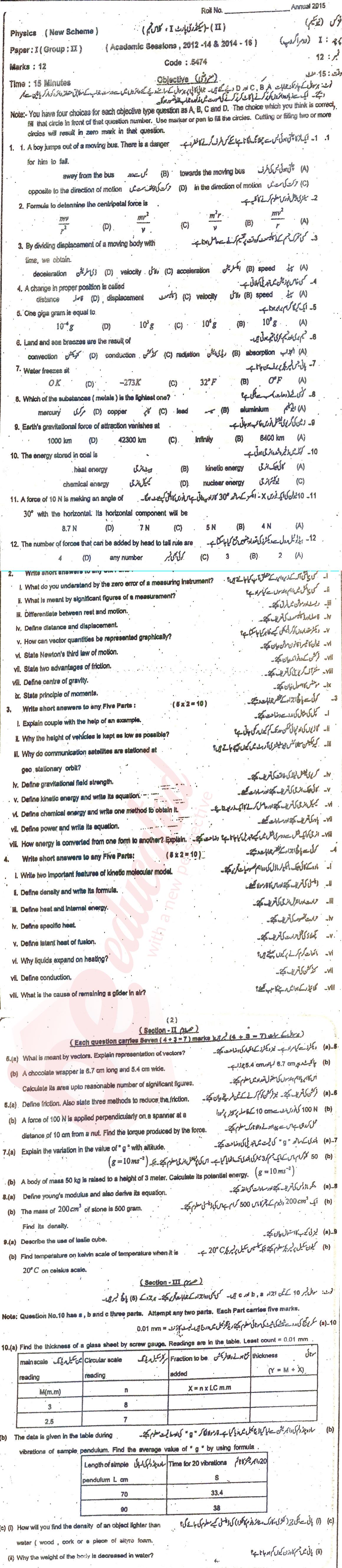 Physics 9th class Past Paper Group 2 BISE Sahiwal 2015