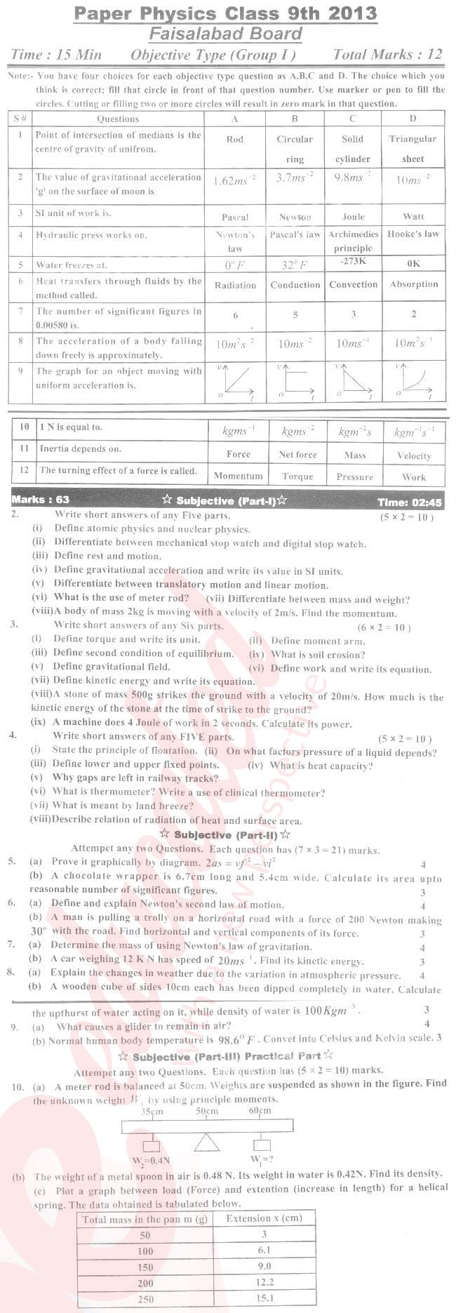 Physics 9th English Medium Past Paper Group 1 BISE Faisalabad 2013