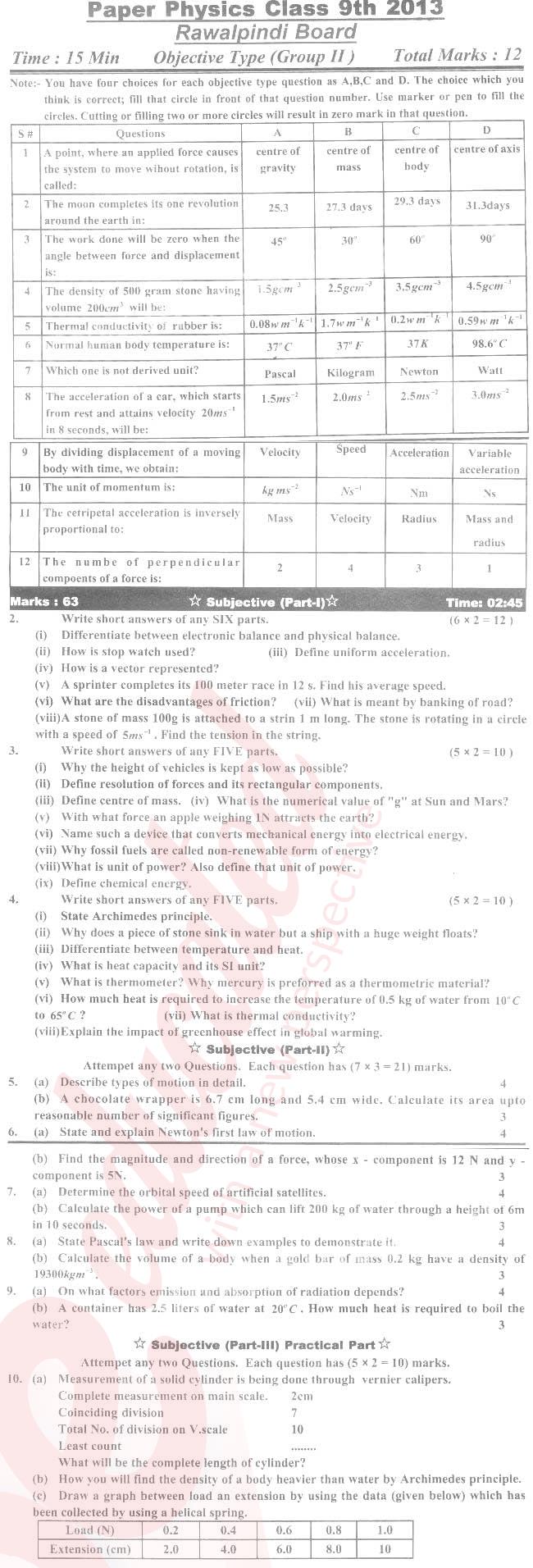 Physics 9th English Medium Past Paper Group 2 BISE Rawalpindi 2013