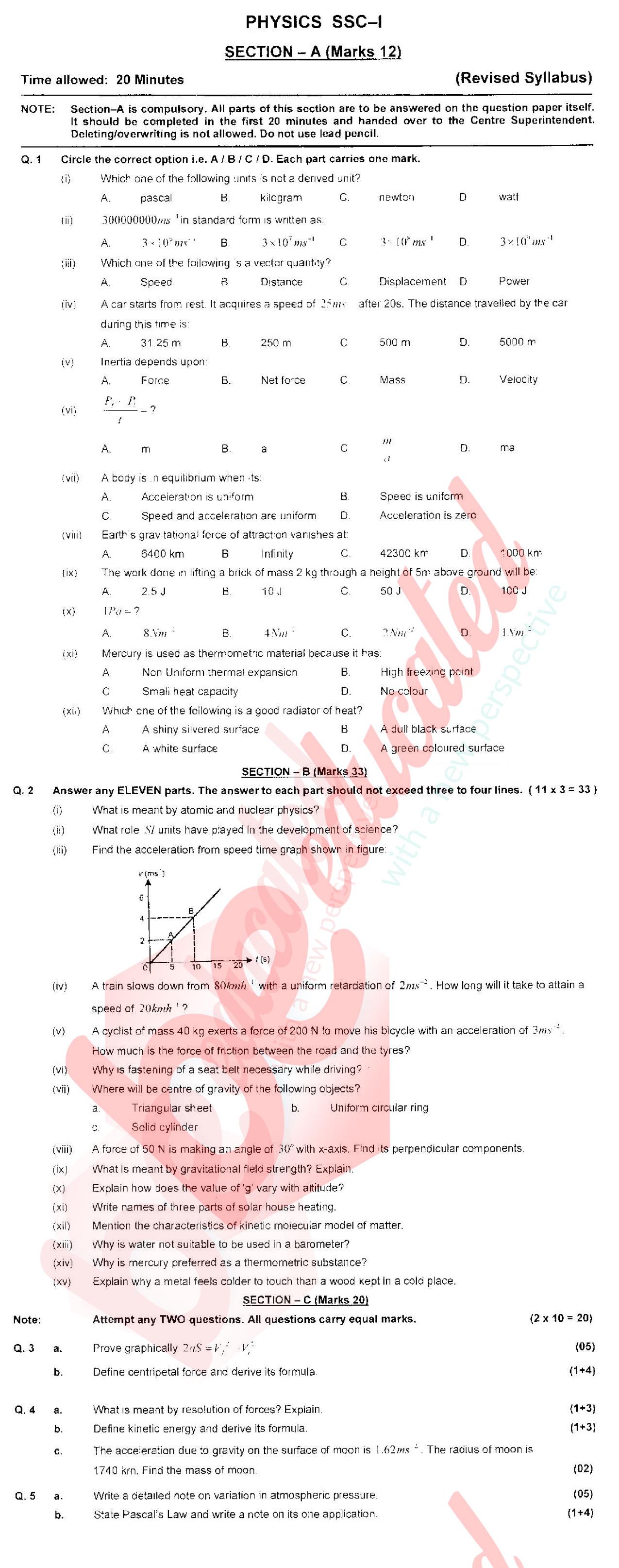 Physics 9th English Medium Past Paper Group 2 Federal BISE  2017