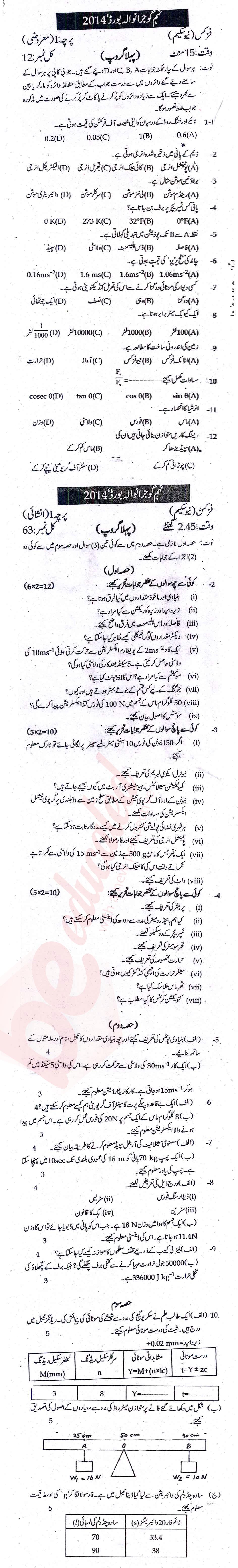 Physics 9th Urdu Medium Past Paper Group 1 BISE Gujranwala 2014