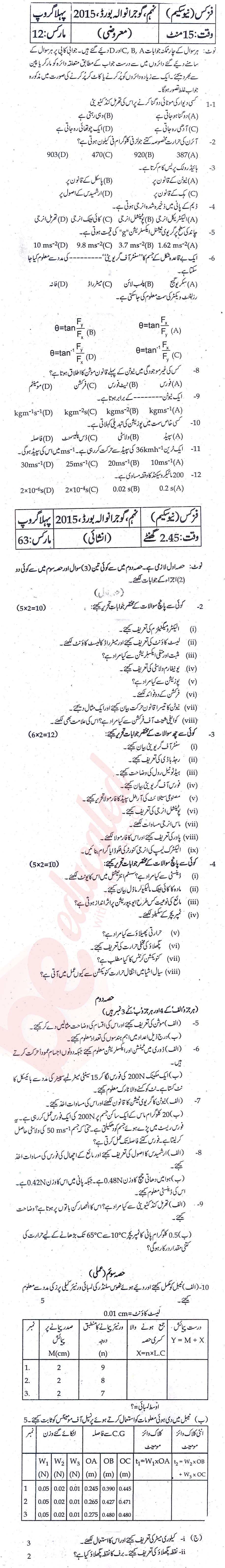 Physics 9th Urdu Medium Past Paper Group 1 BISE Gujranwala 2015