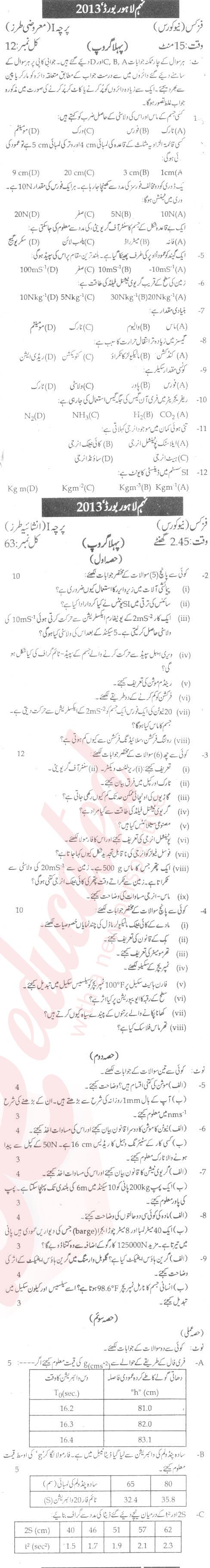 Physics 9th Urdu Medium Past Paper Group 1 BISE Lahore 2013