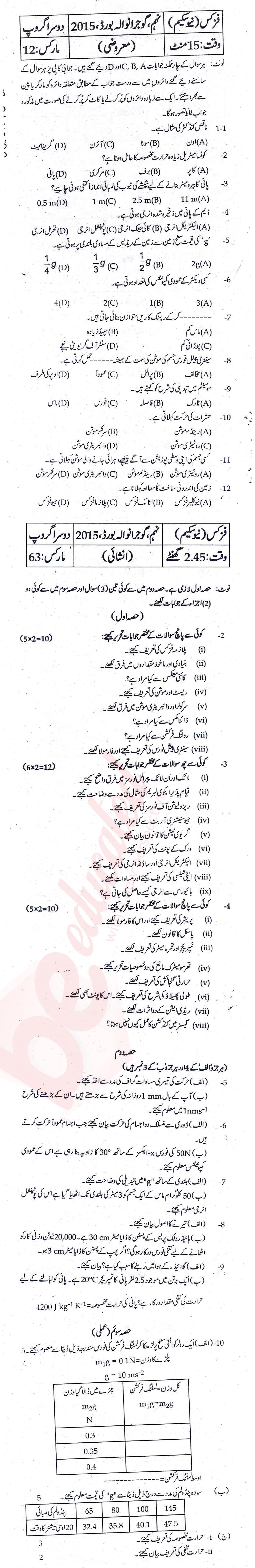 Physics 9th Urdu Medium Past Paper Group 2 BISE Gujranwala 2015