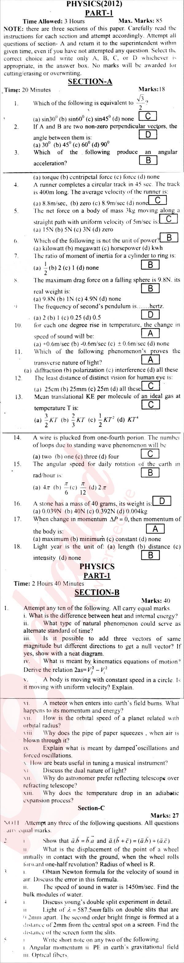 Physics FSC Part 1 Past Paper Group 1 BISE Abbottabad 2012