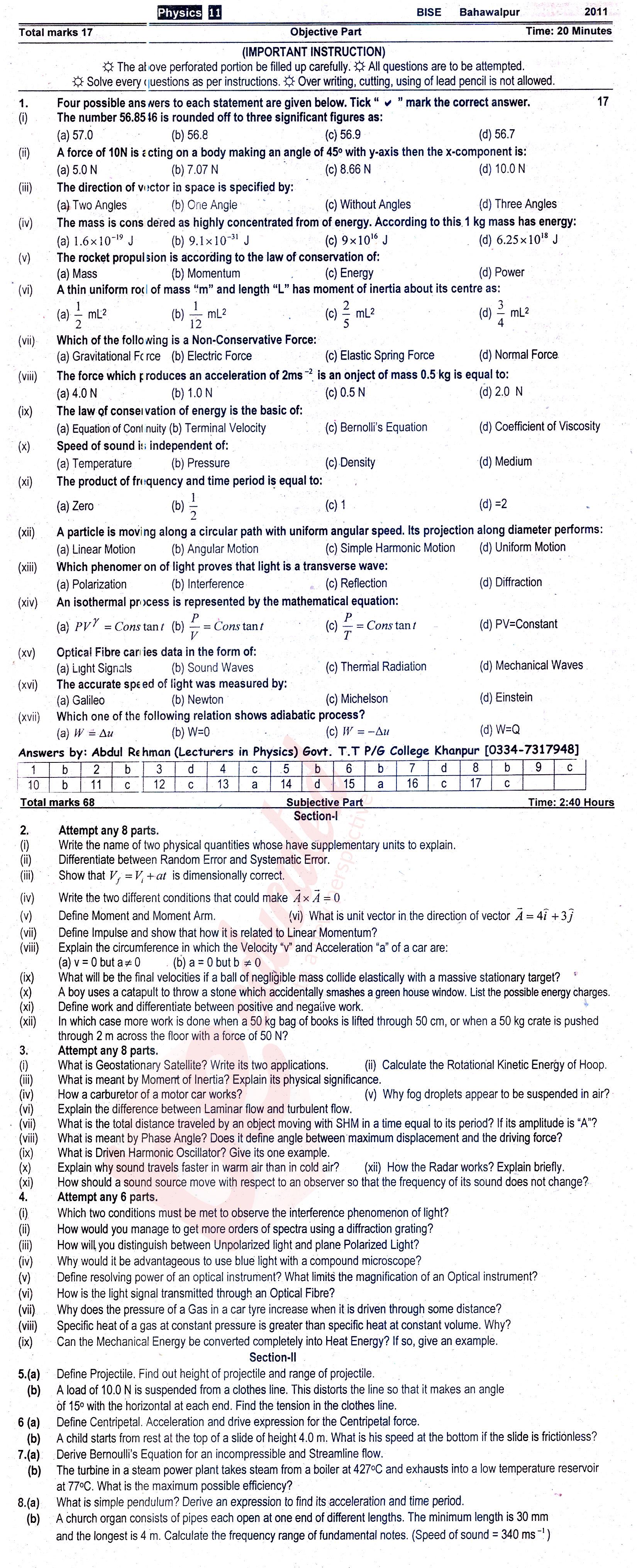 Physics FSC Part 1 Past Paper Group 1 BISE Bahawalpur 2011