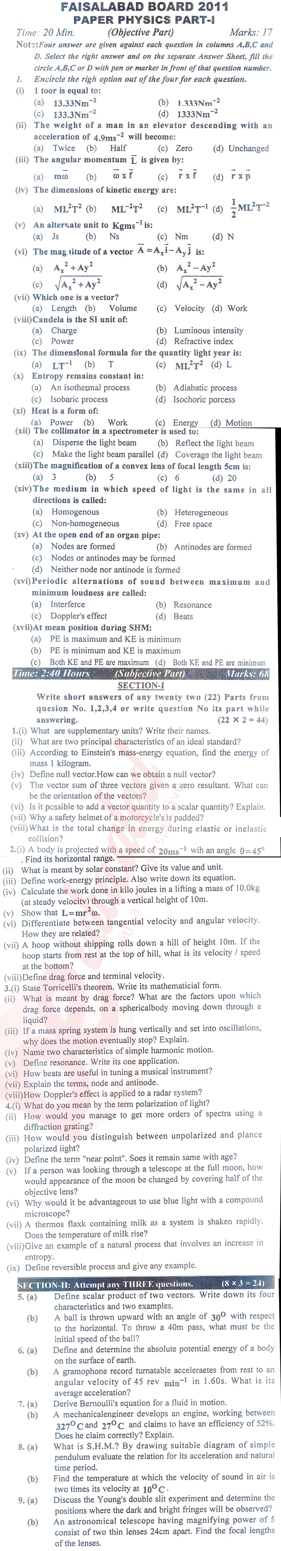 Physics FSC Part 1 Past Paper Group 1 BISE Faisalabad 2011