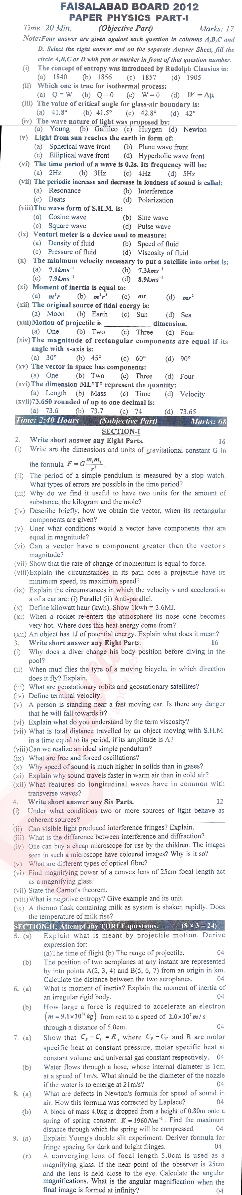 Physics FSC Part 1 Past Paper Group 1 BISE Faisalabad 2012