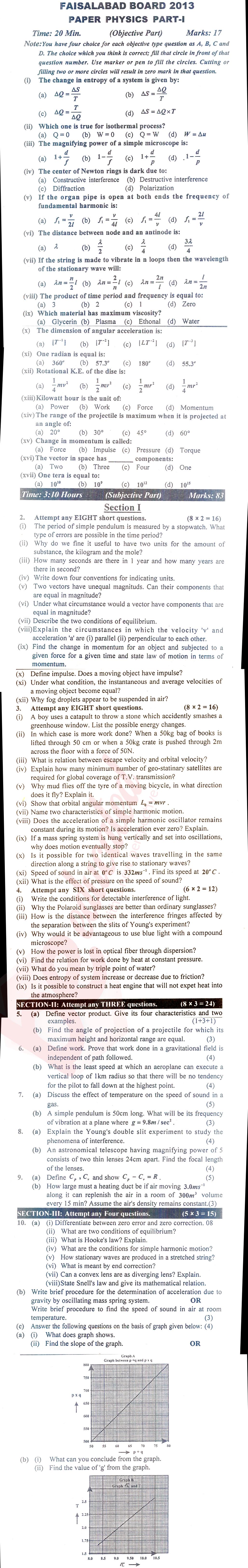 Physics FSC Part 1 Past Paper Group 1 BISE Faisalabad 2013