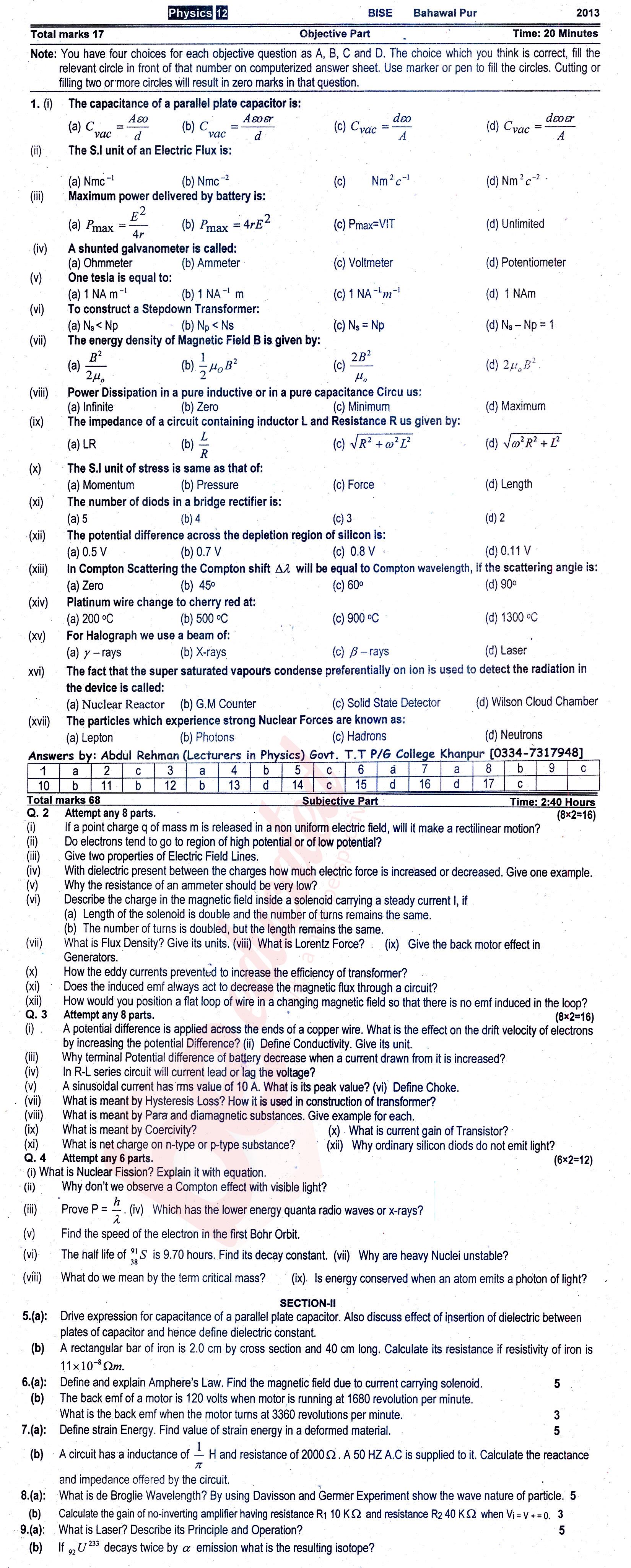 Physics FSC Part 2 Past Paper Group 1 BISE Bahawalpur 2013