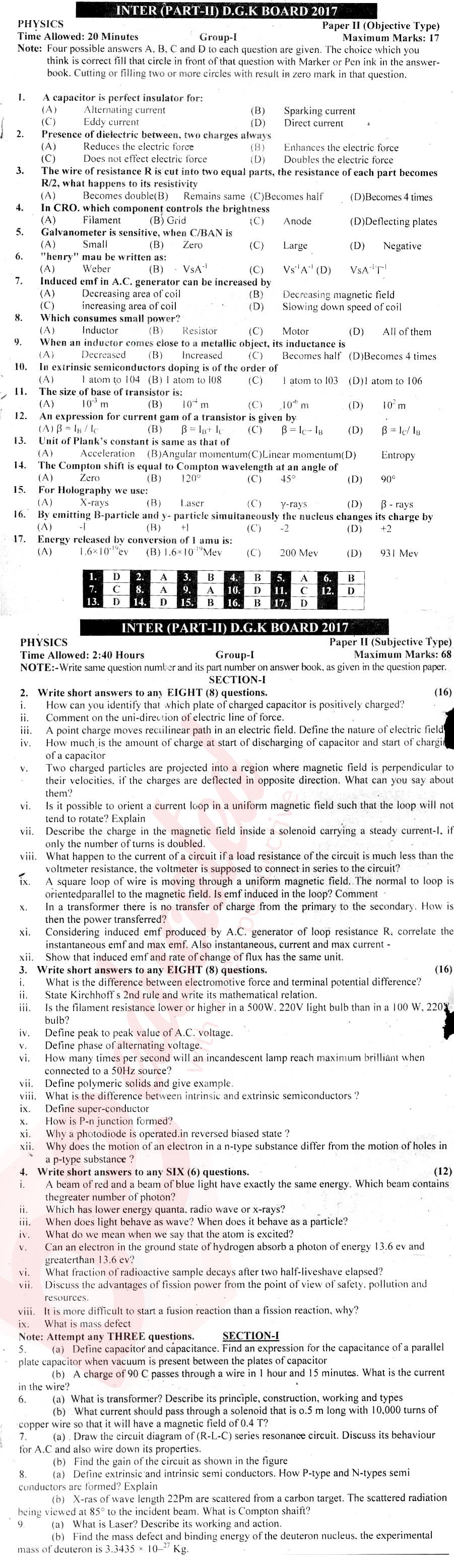 Physics FSC Part 2 Past Paper Group 1 BISE DG Khan 2017